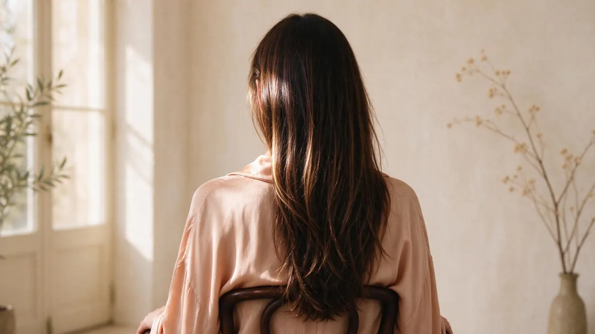 Capelli lunghi e lucidi di una donna di spalle