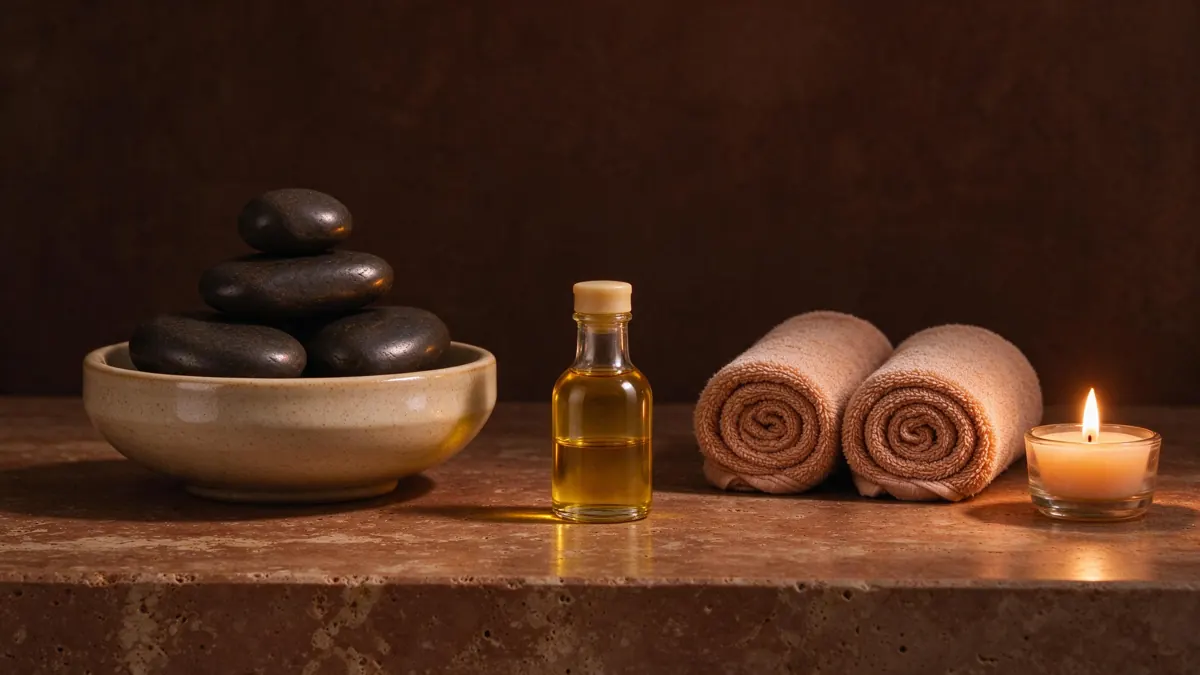 Pietre calde, olio e asciugamani su una mensola in travertino