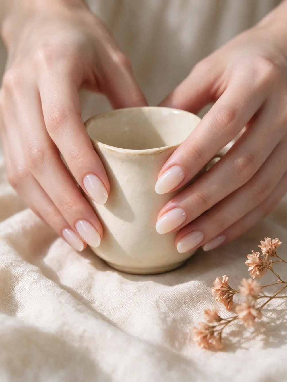 Mani con milky nails che tengono una tazza in ceramica