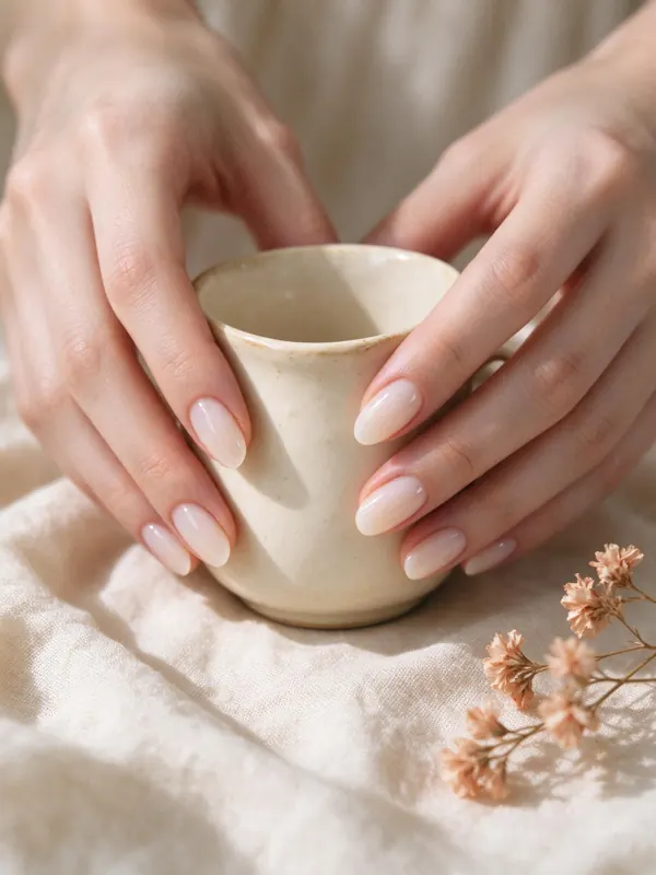 Mani con milky nails che tengono una tazza in ceramica